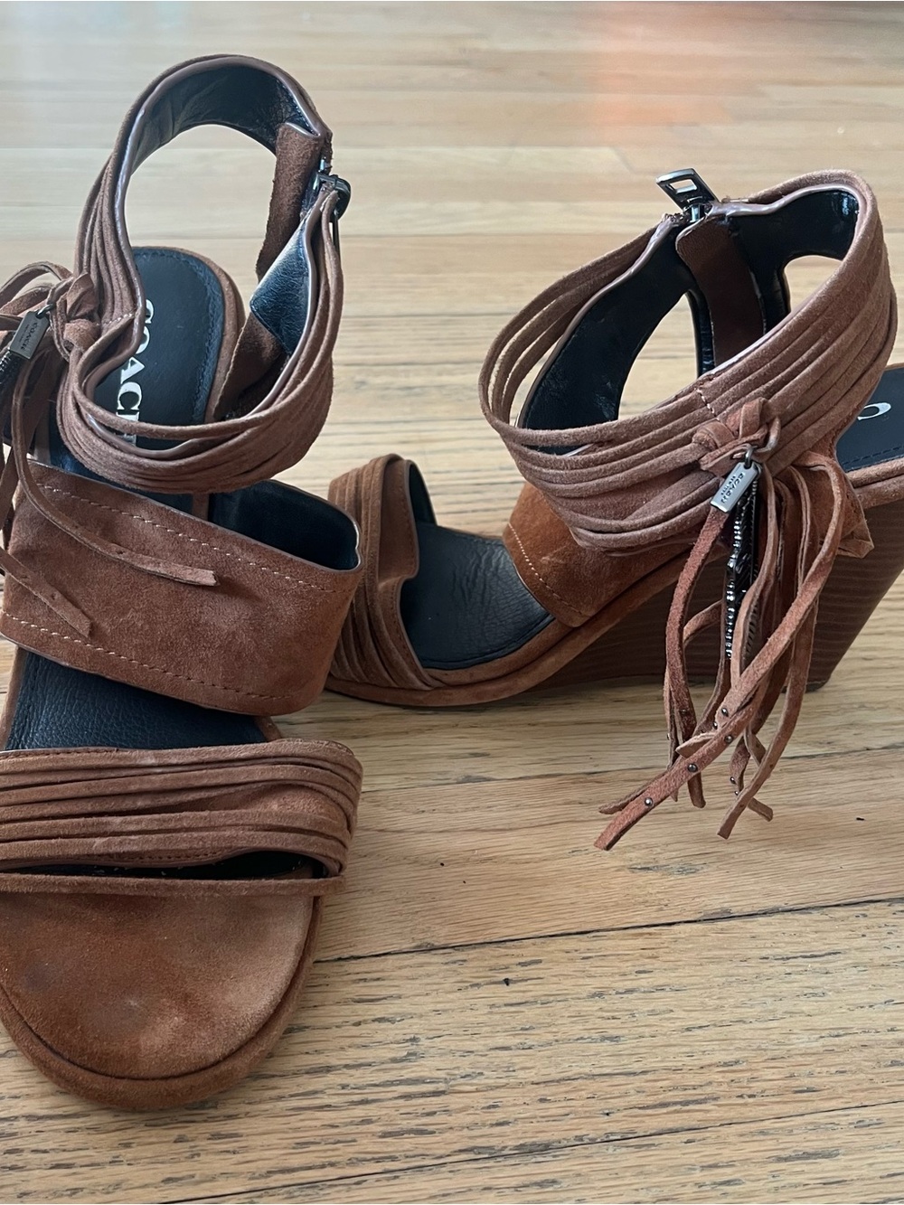 COACH Delaney Suede Fringe Wedge Sandals Saddle Tan Boho Ankle Cuff Size 10 EUC